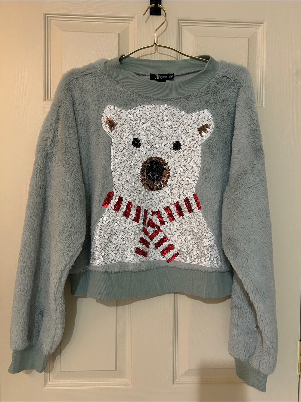 Cozy Winter Sequin Polar Bear Crop Sweater- Light Blue